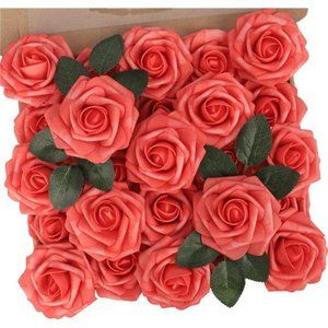 Artificial Fall Wedding Flowers 25pcs Coral Mother's Day Fake Roses w/Stem DIY